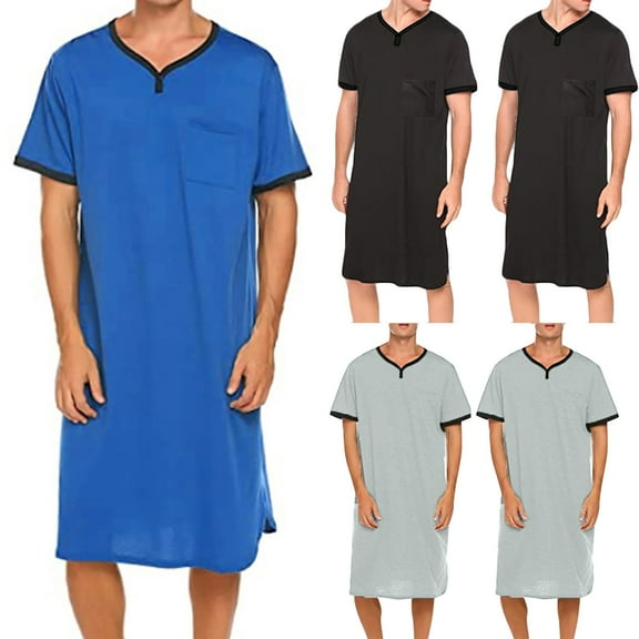Elainilye Fashion Pajamas for Men Casual Short Sleeve Nightdress Long Gown V-Neck Collar Blouse Tops Shirt,Black