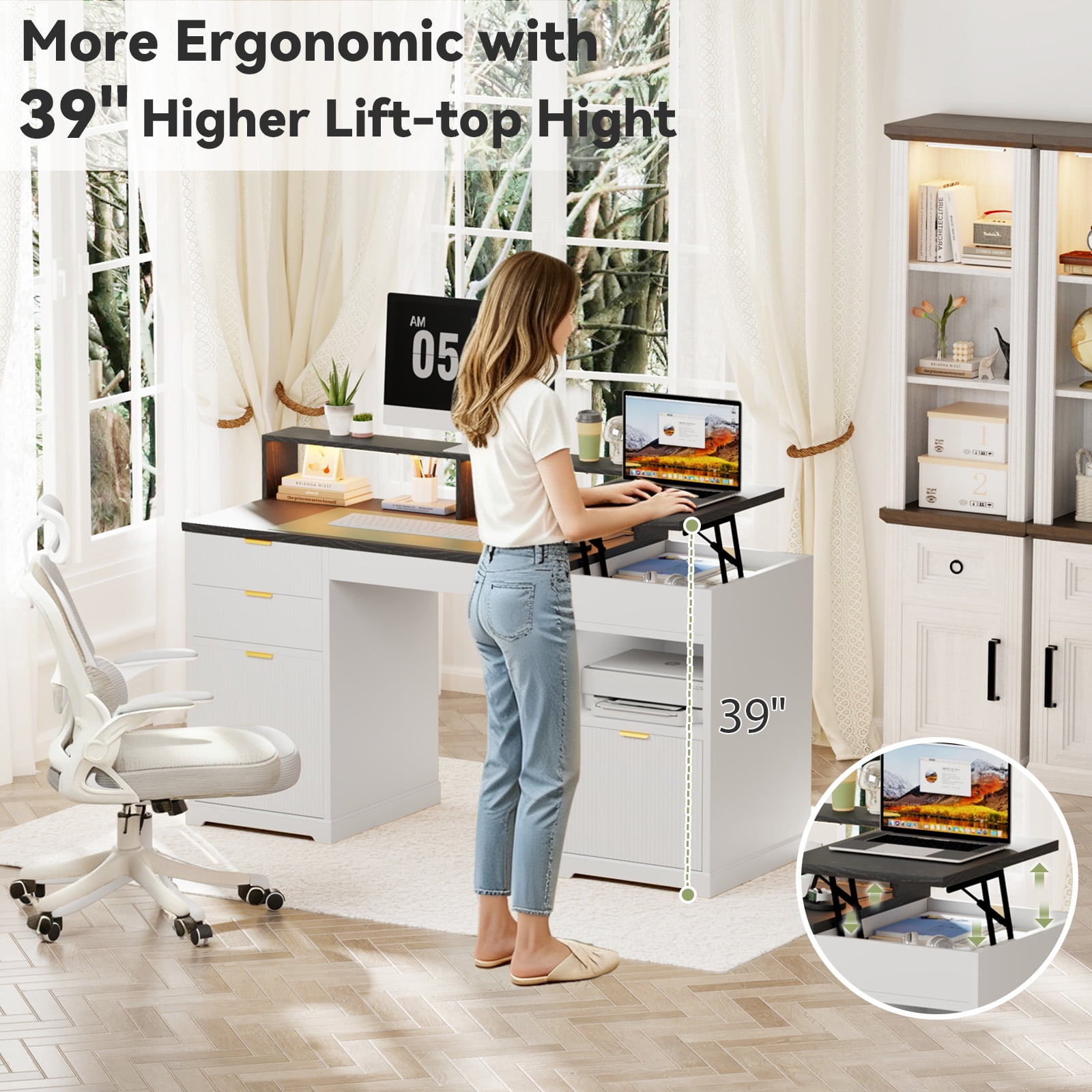 Fluted Executive Office Desk with Filing Cabinet and Drawers, Home Office Table Gaming Desk with Monitor Stand Lights, Cable Managerment and Charger, White&Black