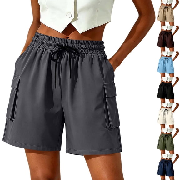 Women's Lightweight Nylon Spandex Work Shorts, Elastic Waist Tummy Control with Zippered Pockets, Quick Dry Breathable Stretch, Outdoor Leisure Hiking Running Travel, Athletic