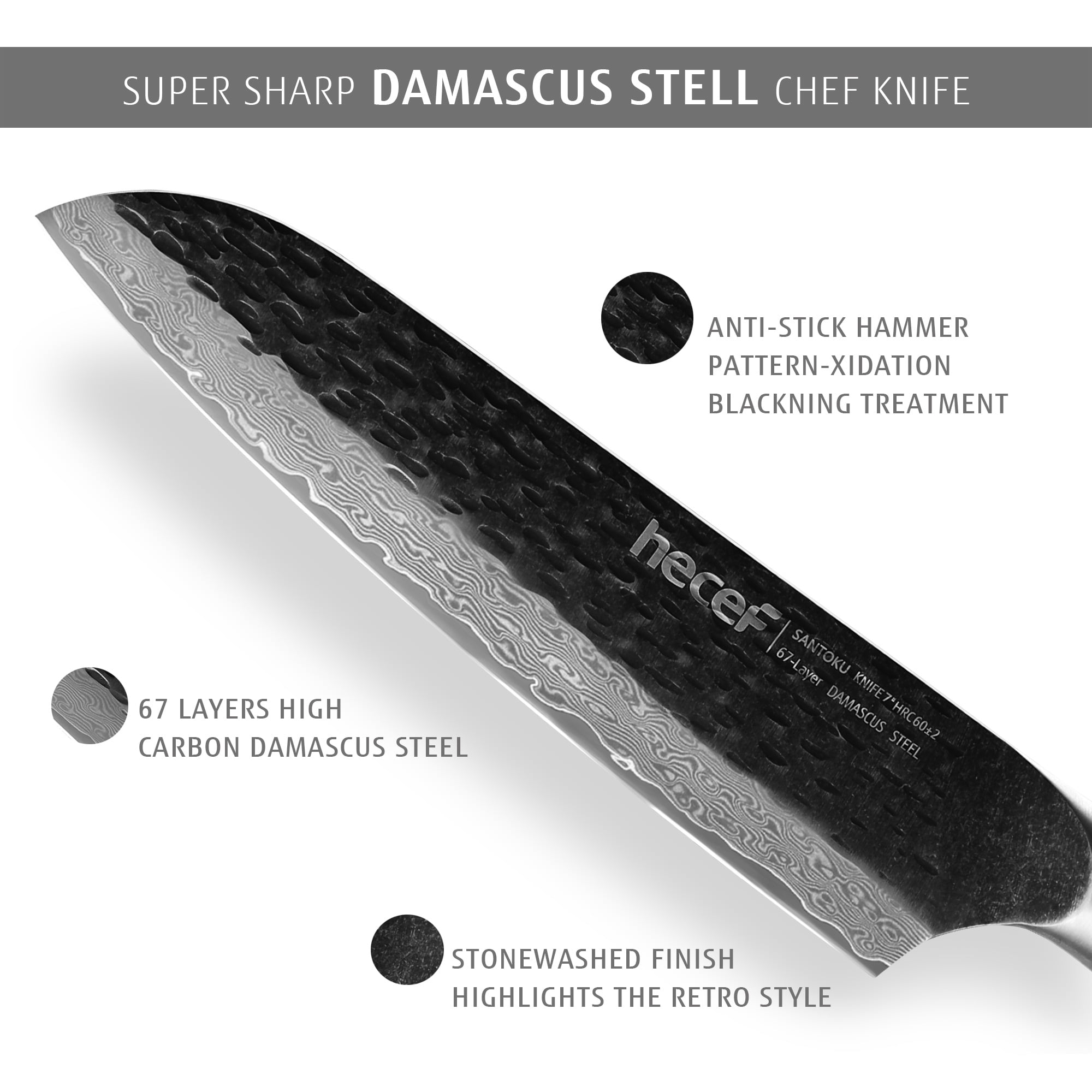 Hecef 7-Inch Japanese Santoku Knife, Forged 67-Layer Damascus Steel Ultra Sharp Kitchen Knife