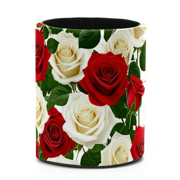 FVQL White Red Rose Floral Pen Holder for Desk, Pencil Cup Storage Organizer, Makeup Brush Holder for Home and Office