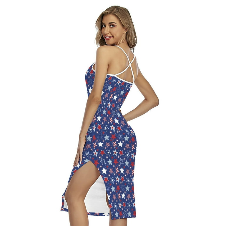 NOBRAND 4th Of July American Star Pattern Printed Cross Back Cami Dress, American Flag Fashion Summer Maxi Sexy Casual Dress For Women. Gifts For Us