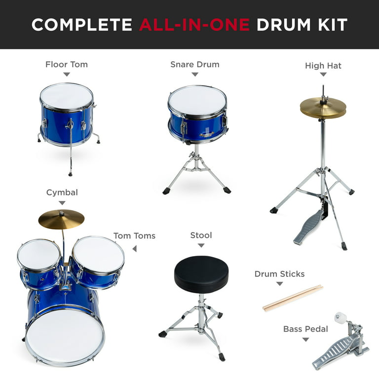 3 Pcs 12 Complete Kids/Junior Child Drum Set Cymbal Kit Stool & 4
