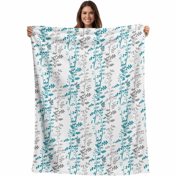 Teal Blue Grey Botanical Blanket Soft Cozy Warm Throw Blanket for Couch, Plush Fuzzy Flannel Fleece Blankets for Sofa, Spring Floral Summer Farmhouse Bed Blankets Lightweight Gifts for Women, 40"x50"