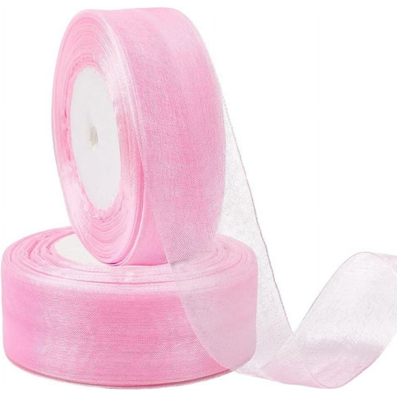 2 Rolls 100 Yards 1-1/2” Wide Organza Sheer Ribbon Pink Transparent Tulle Gift Ribbon Handmade Chiffon Fabric for Gift Wrapping Wedding Flower Bouquet Christmas Wreaths Xmas Crafts Hair Bow