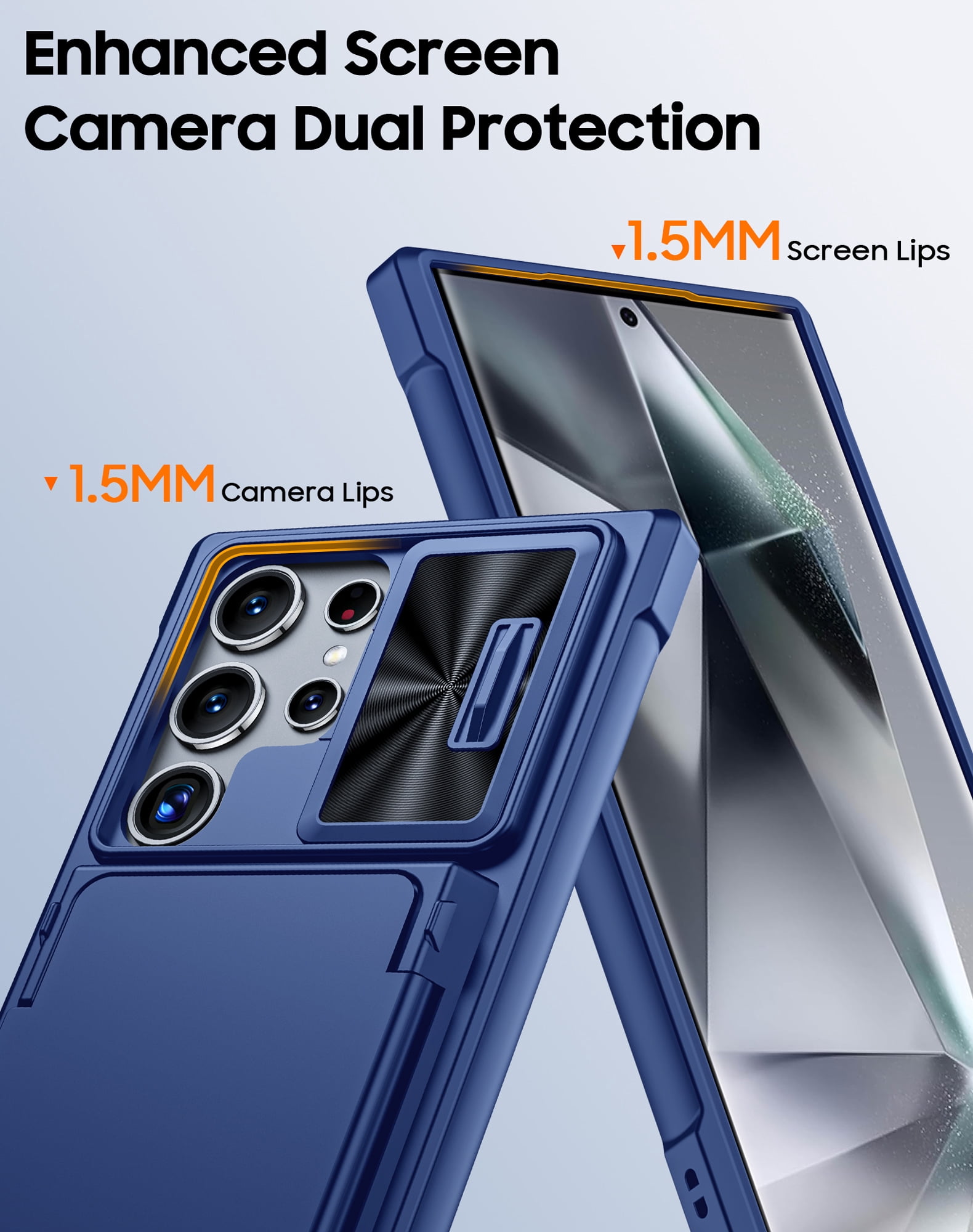 Vizvera for Samsung Galaxy S24 Ultra Phone Case with RFID Cards Holder (Store 4 Cards)&Camera Cover & Kickstand,Shockproof Silicone Case-Blue