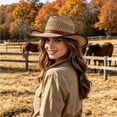 thumbnail image 2 of Cowboy Hat for Women and Men Khak Classic Western Felt Cowboy Cowgirl Hat Outdoor Wide Brim Belt Buckle Retro Fedora Hats Unisex Rolled up Caps, 2 of 5