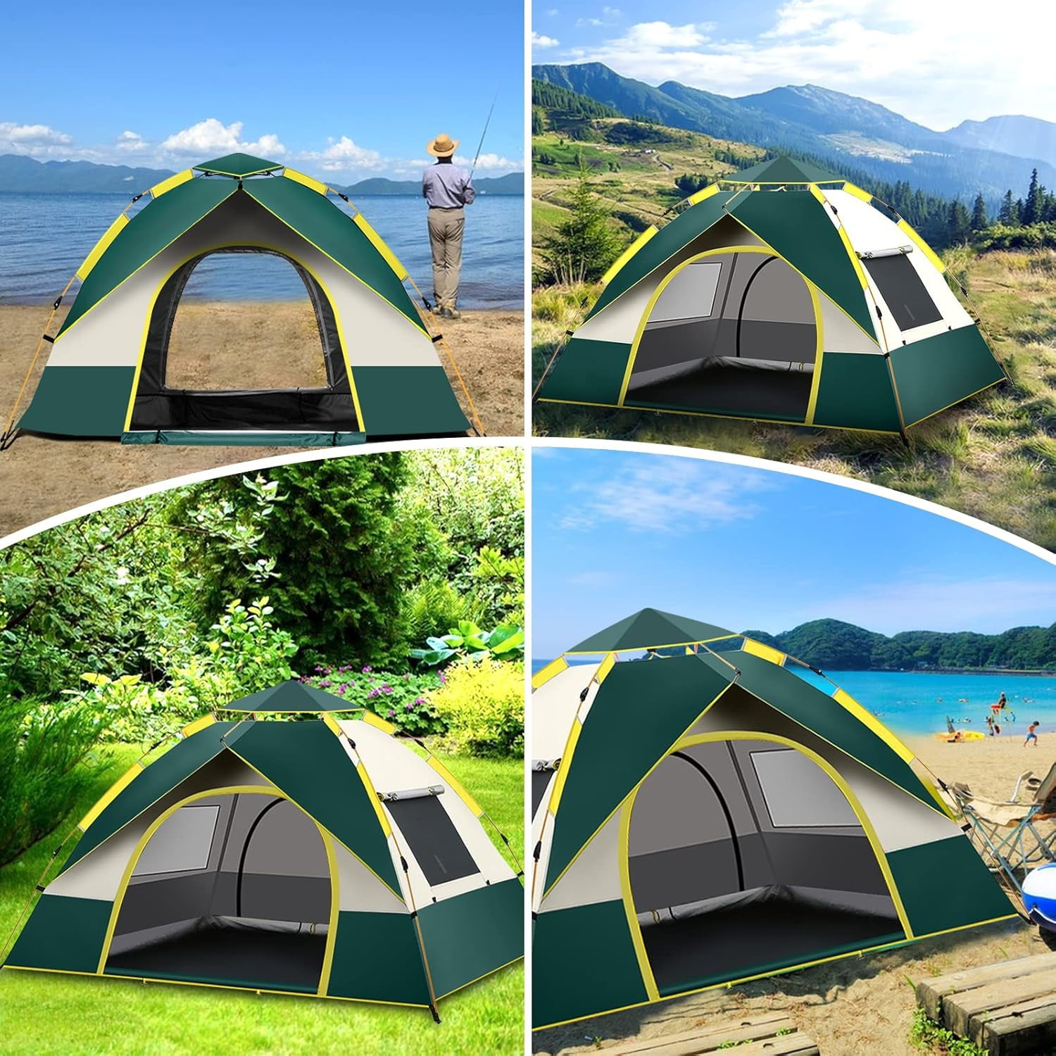 SAN LIKE Camping Tent 3/4 Person Tents for Family Camp Tent Waterproof Outdoor for Backpacking Hiking Easy Setup with Storage Bag,8 Ground ding,4 Windproof Rope (Green with Doors and Windows)