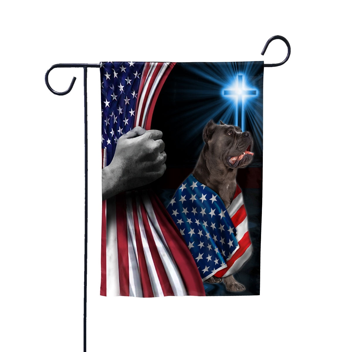 Hand Pulling USA Flag Cane Corso Dog Wearing Flag American Standing under Cross Christian Patriotic Garden Flag (2x3) Double Sided- Premium Polyester-Decorative Indoor Outdoor Flag