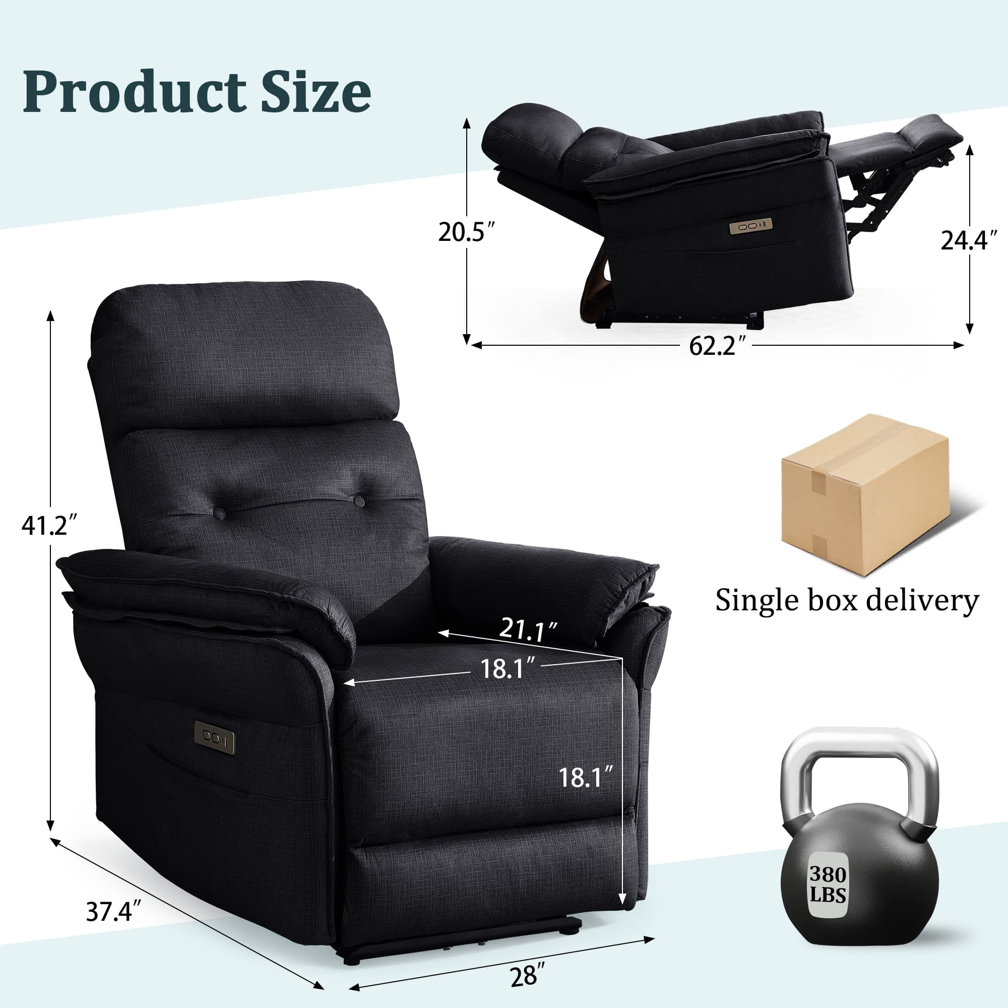 Korser Small Power Zero Gravity Recliner Chairs for Adults with USB&Type-C Ports for Living Room,Black