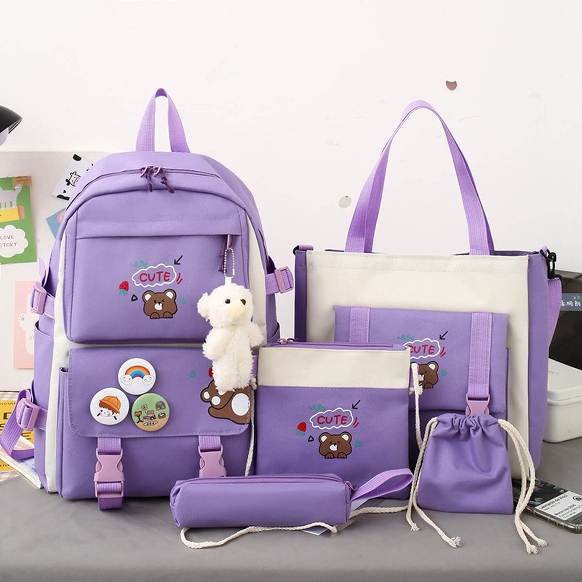 5Pcs Kawaii Cute Backpacks Combo Set with Bear Pendant & Pins - Back To School Supplies Japanese Anime Student Daypack Bag Kit with Tote