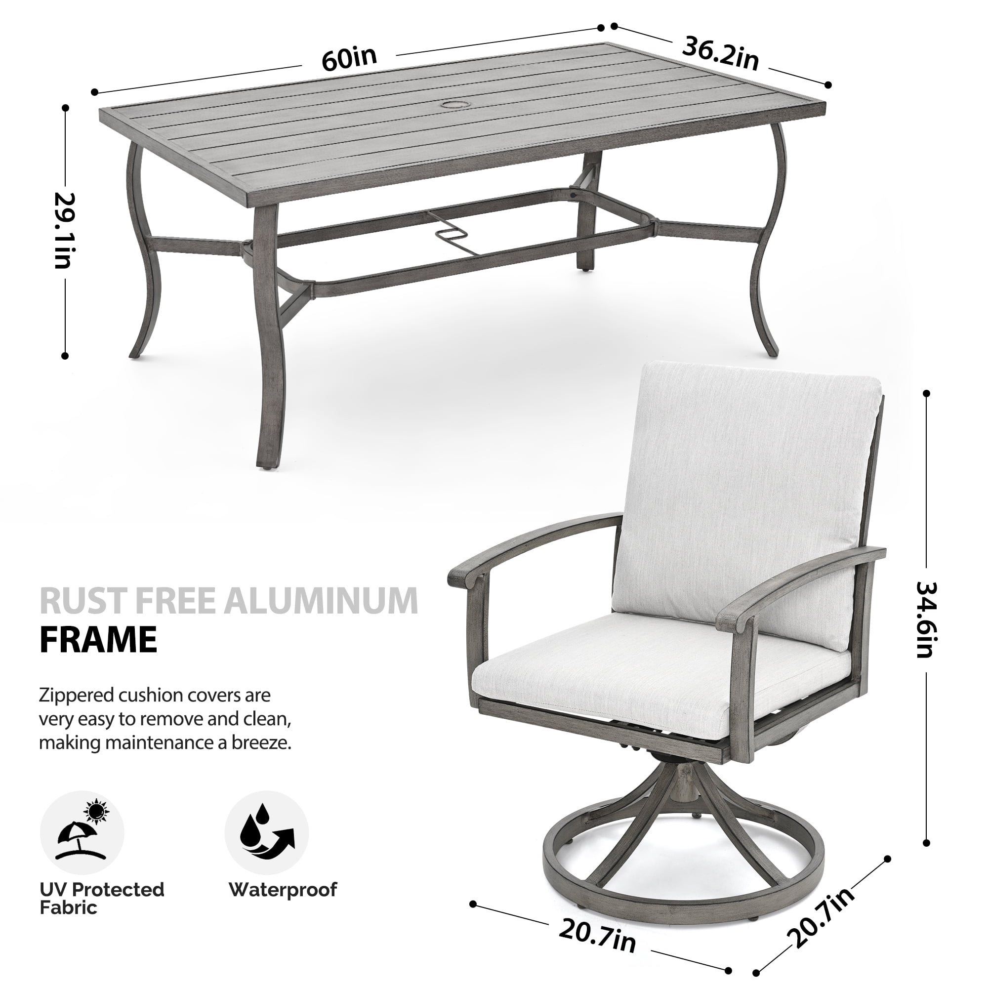 HAPPATIO 7 Piece Patio Swivel Dining Set, Aluminum Outdoor Dining Set for 6,Dining Table and Chairs Set, Patio Dining Furniture with Aluminum Table, Swivel Chairs and Washable Cushions (Gray)