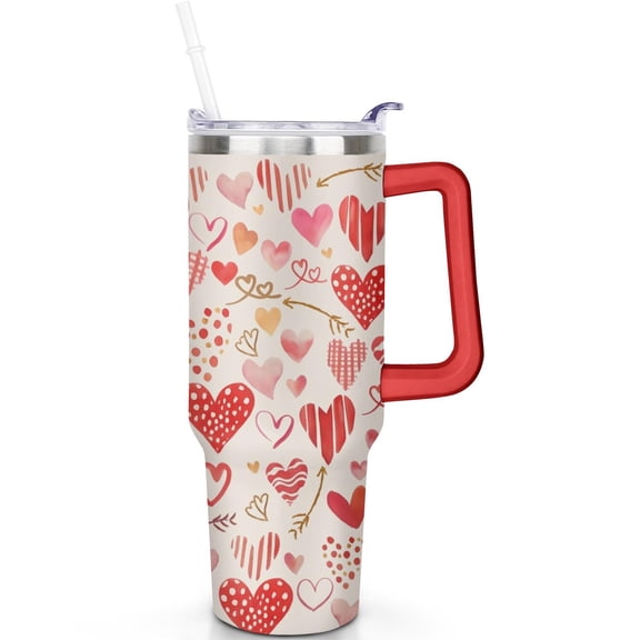 40 oz Stainless Steel Valentine's Day Tumbler with Flip Straw Lid Handle Vacuum Insulated Leak Proof Travel Cup Gift for Him Her Travel Tumbler Must Have