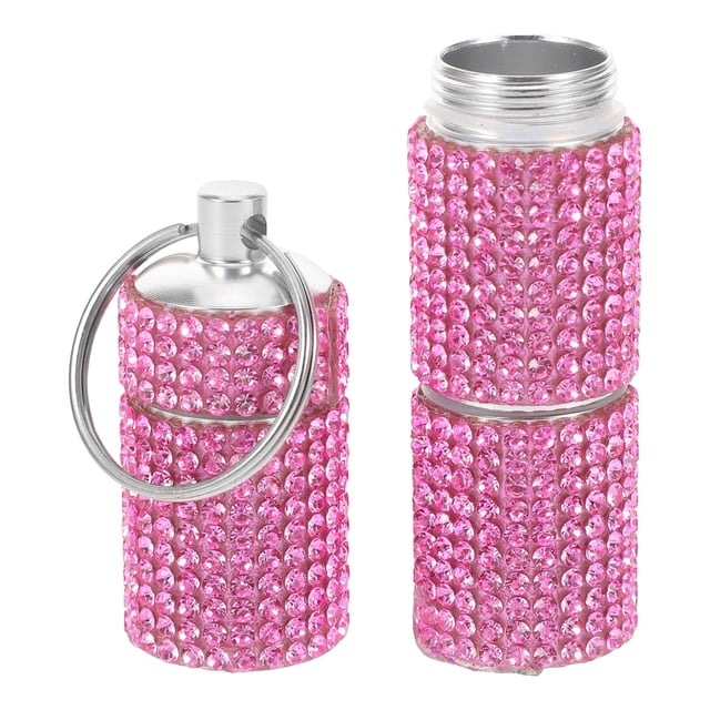 Raindrops Rhinestone Pill Keychain Holder with Three Compartment Organizer in Pink for Travel and