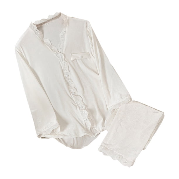 Gibobby Ropa de abrigo de encaje con cuello en V y manga larga para mujer, conjunto de dos piezas, ropa para el (Blanco, XL)