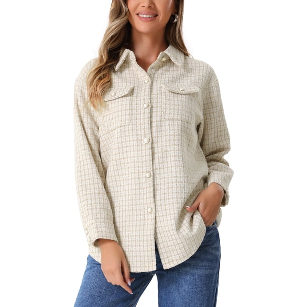 Chaqueta de camisa de tweed INSPIRE CHIC para mujeres con cuadros de mangas largas y sueltas