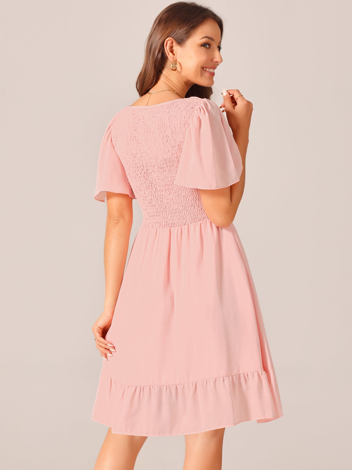 DARING DIVA Chiffon Smocked Flutter Short Sleeve Dress XL Pink