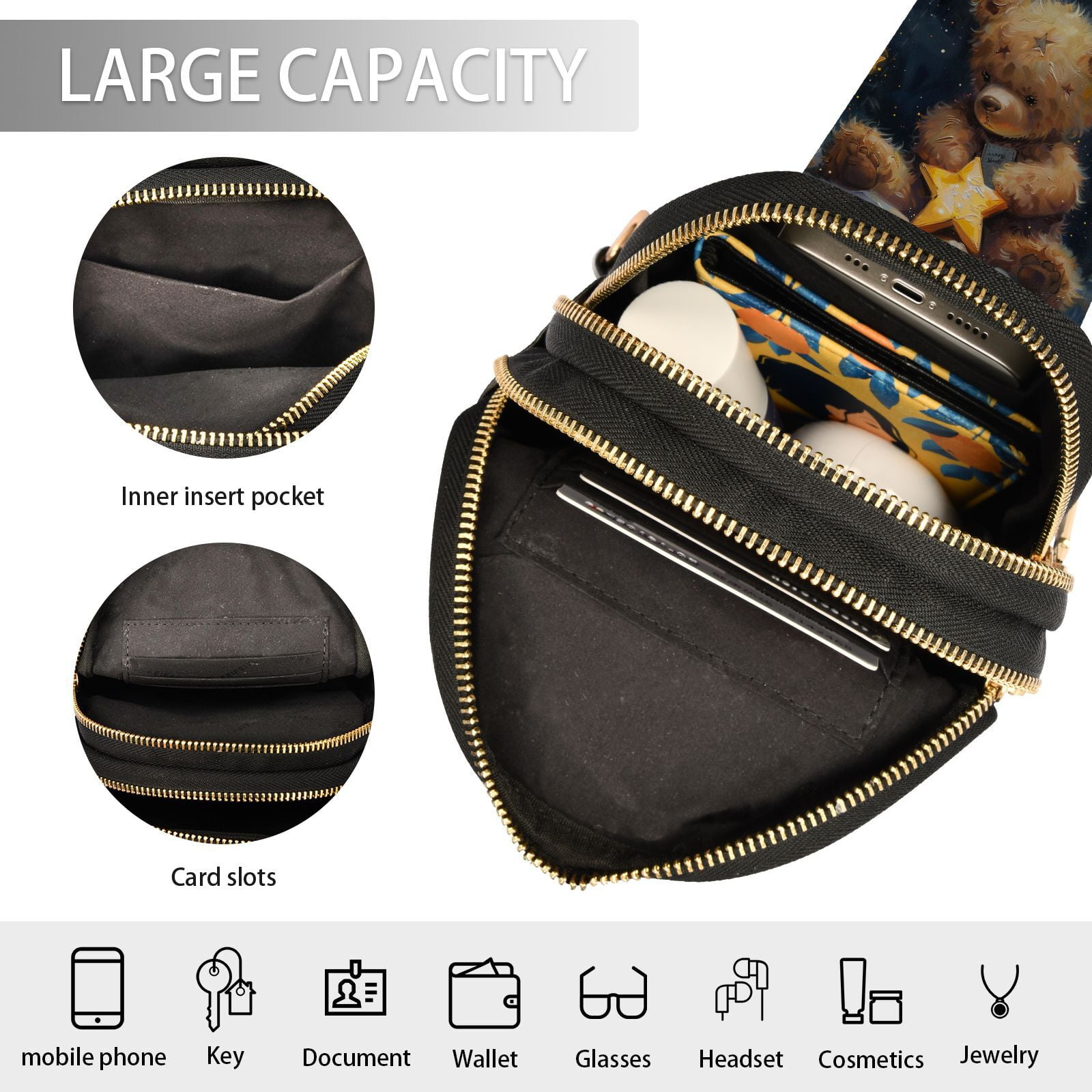 Stars Teddy Bear Crossbody Bags Fanny Pack Sling Bag for Travel Chest Bag Shoulder Bag for Women Trendy