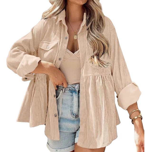 Camisa Dobladillo con volantes Manga larga Color sólido Abotonado Cuello de solapa Mujer Top de maternidad Caqui XXL