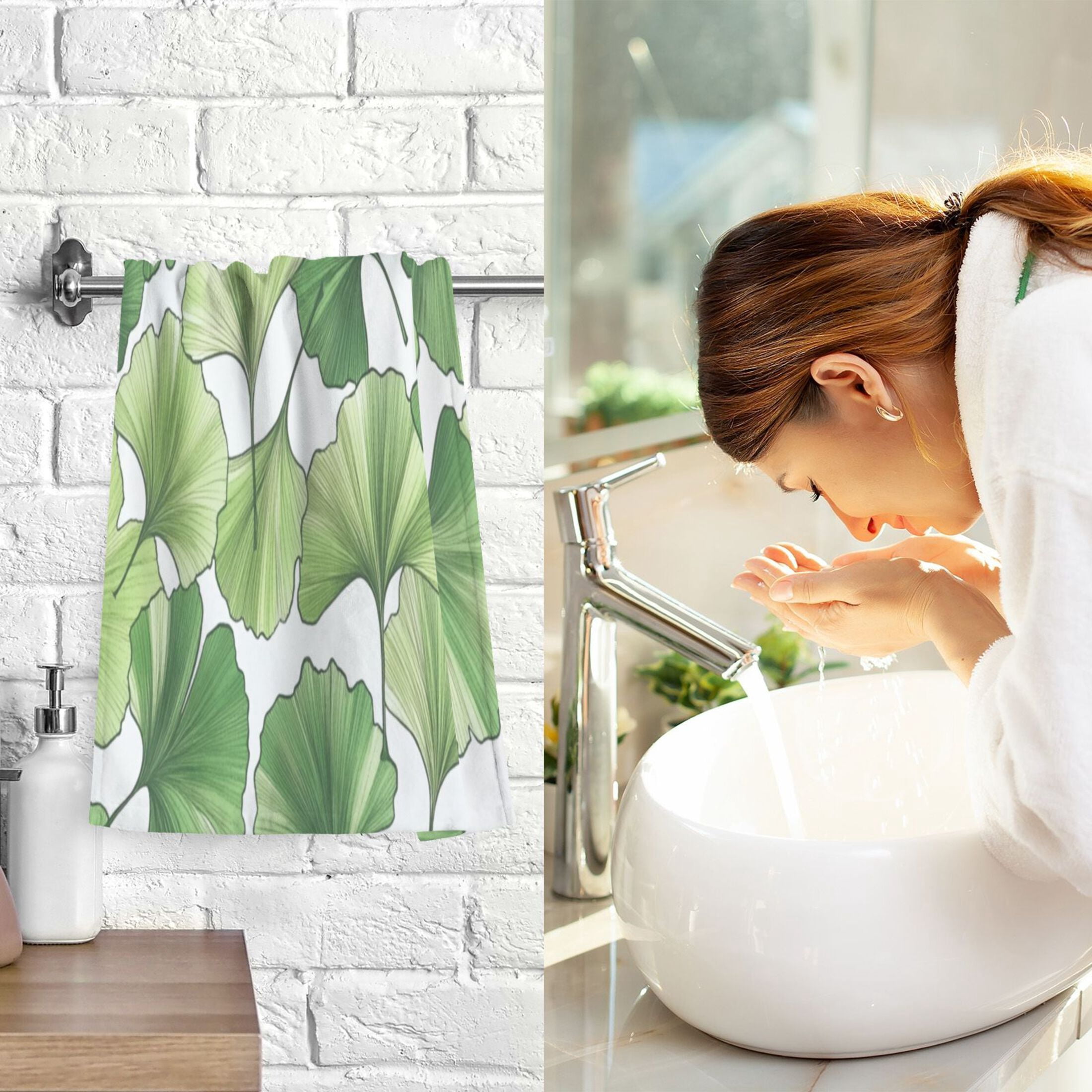 2 Pcs Absorbent Face Towel Bath Hand Towels Soft Breathable Cotton Towel Set for Bathroom Kitchen Hotel Spa Decor Green Ginkgo Biloba