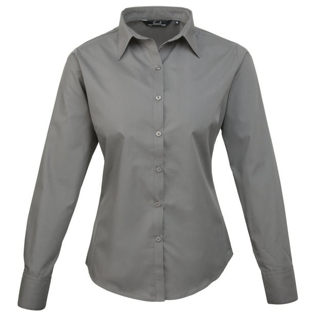 Premier - Camisa lisa de popelín de manga larga para mujer (Gris oscuro)