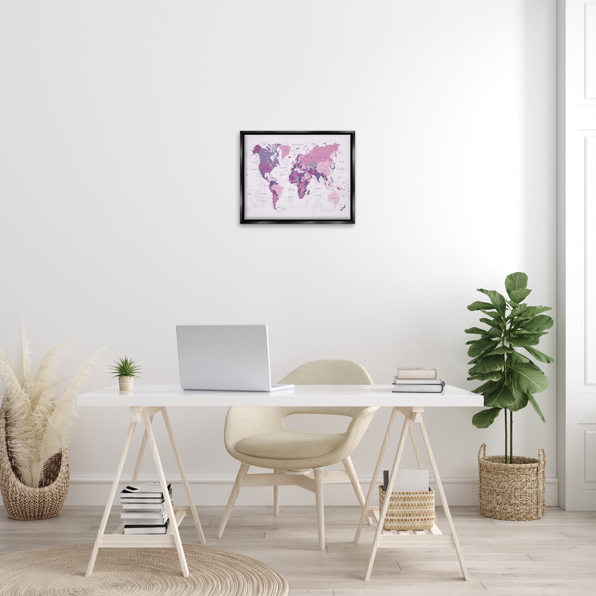 Stupell Industries Detailed Pink World Map Town & City Painting Black Floater Framed Canvas Art Print Wall Art, 21 x 17
