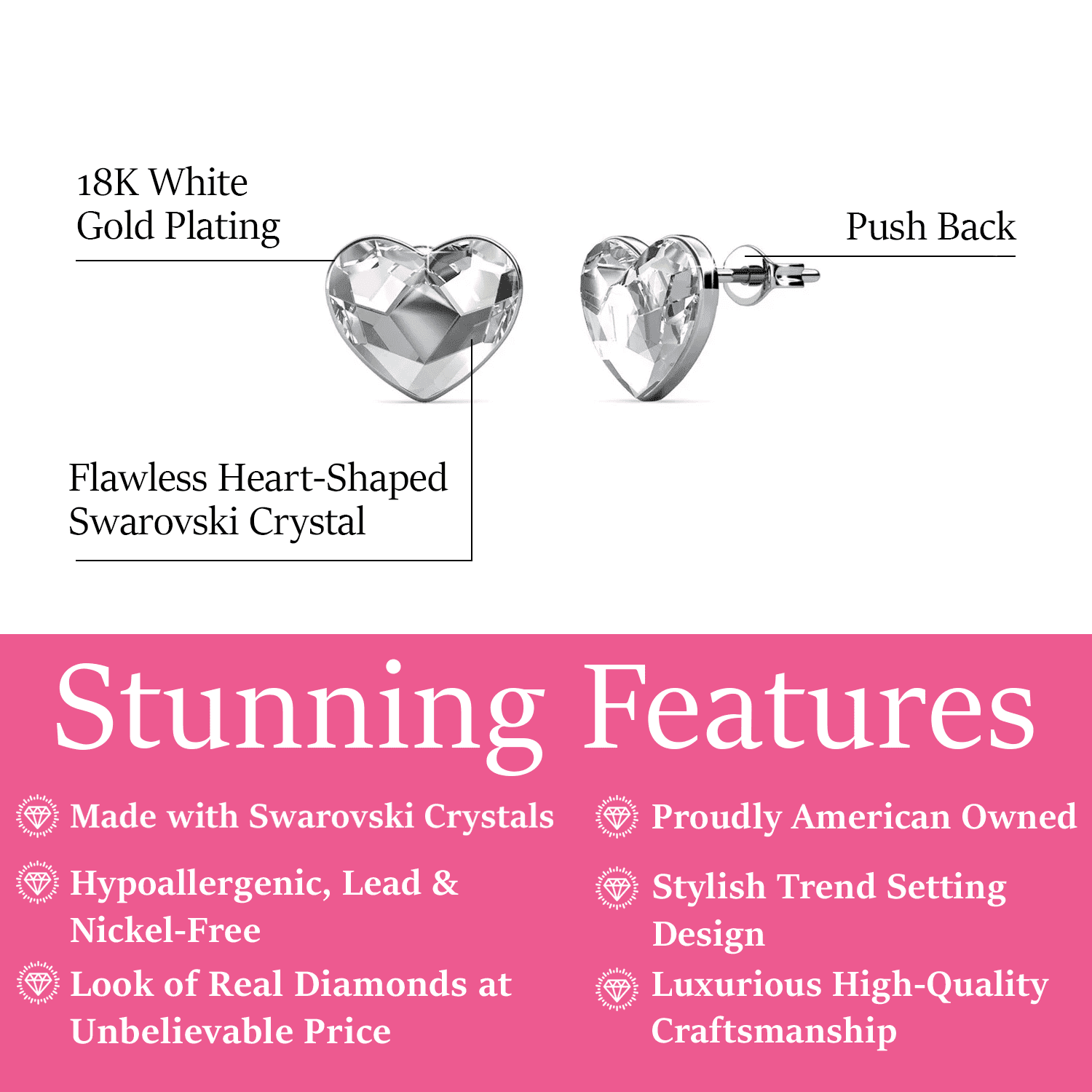 Cate & Chloe Violet 18k White Gold Plated Heart Stud Earrings with Swarovski Crystals Gift for Women