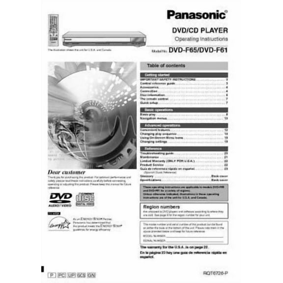 Instruction Manual ONLY for Panasonic DVD-F61 DVD-F65 DVD Player Owners Instruction Manual REPRINT