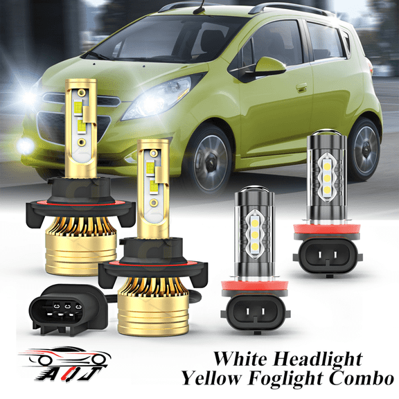 Fit for Chevrolet Spark 2013 2014 2015 – 9008/H13 H11 LED Headlight Combo 4 Pack, 6,000K White 1000,000LM Super Bright Headlight 3500K Amber Yellow Foglight Bulb Set, Premium LED Lamp Upgrade Set