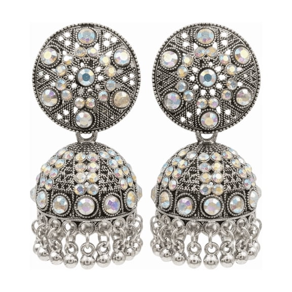 Vardaan Crystalx Oxidized Jhumka Earrings with Pyramid Studs & Iridescent Crystals, Traditional Bell Design Ethnic Jewelry for Women