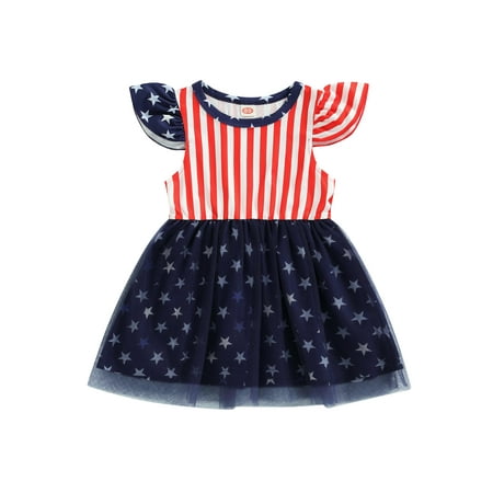

Canrulo Infant Baby Girls Dress Fly Sleeve Striped Star Print Mesh Midi Summer Dress Independent Day Clothes Royal Blue 12-18 Months