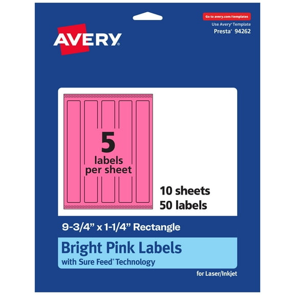 Avery Printable Rectangle Labels, Bright Pink, 9.75" x 1.25", 50ct