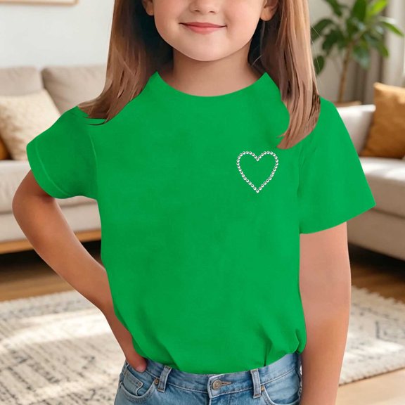 Babcutegg Solid Color Casual Short Sleeve Top With Subtle Rhinestone Accents And Minimalist Print For Kids Army Green Size 12
