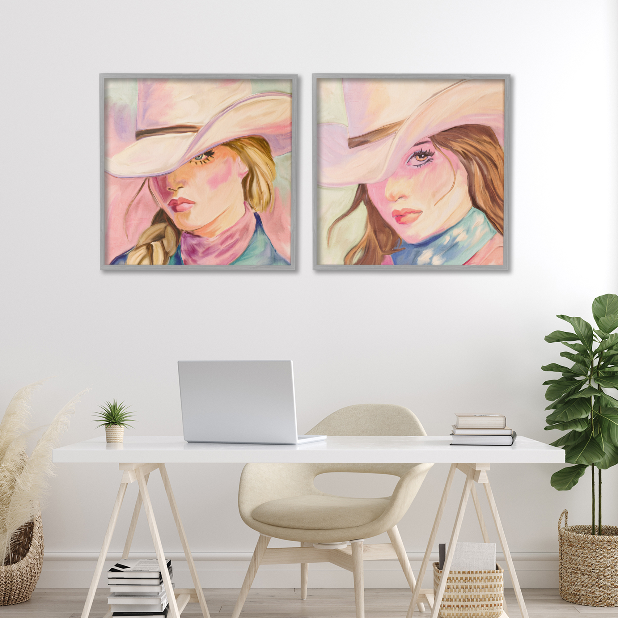 Pastel Cowgirls Gazing 2 Piece Gray Framed Giclee Art Set, design by Kim Allen