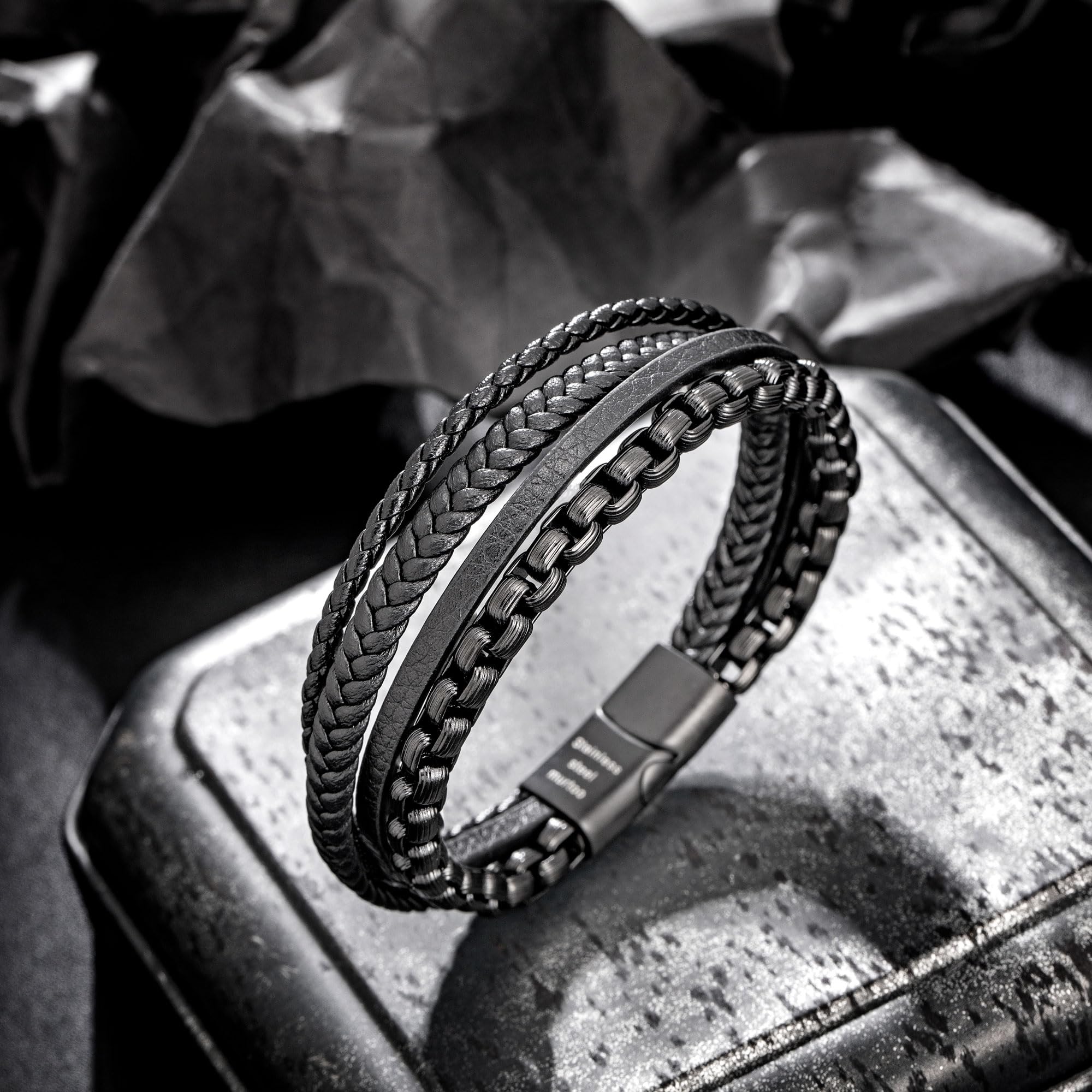 Speroto Mens Bracelets,Leather and Steel Bracelets, Chain Bracelets with Clasp,Steel Bracelets for Men