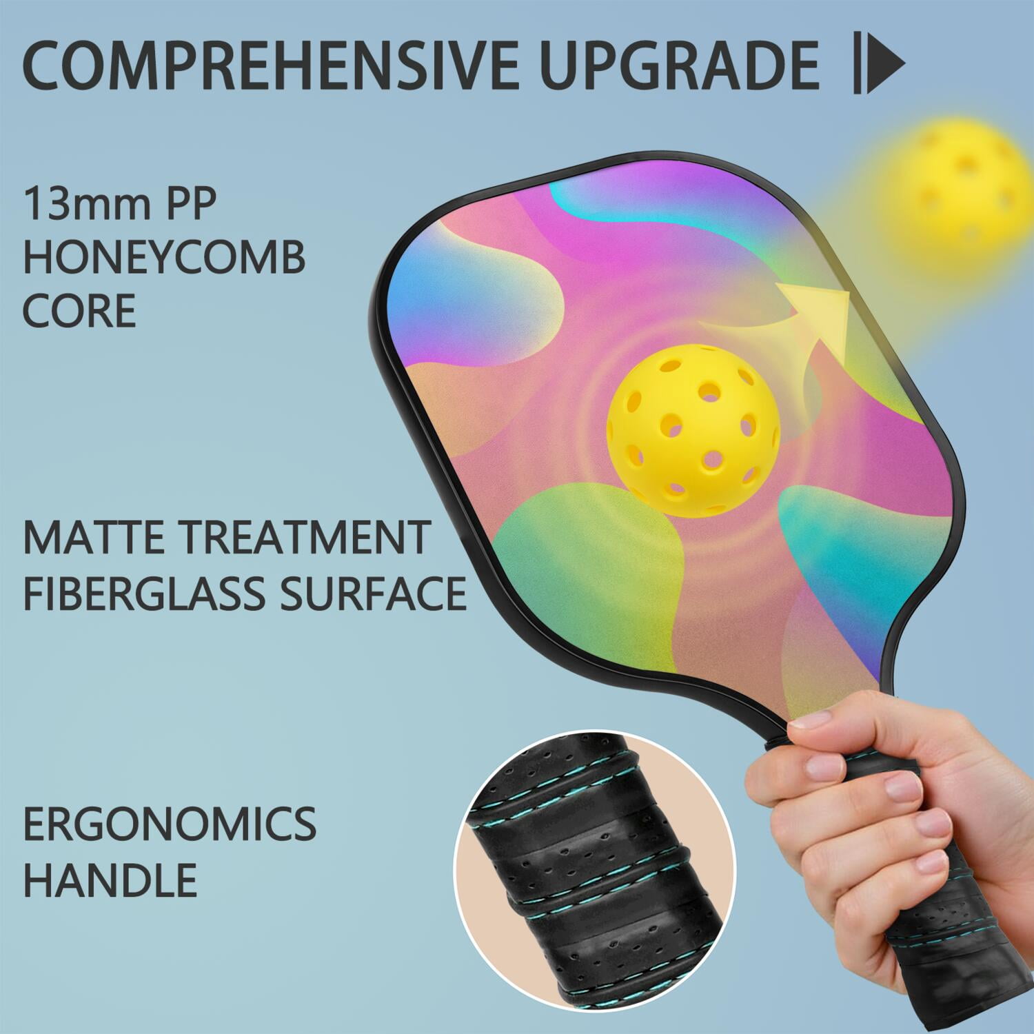Pickleball Paddles Set Of 2, Fiberglass Surface, Neon Fluid Print, 4 Balls & Bag