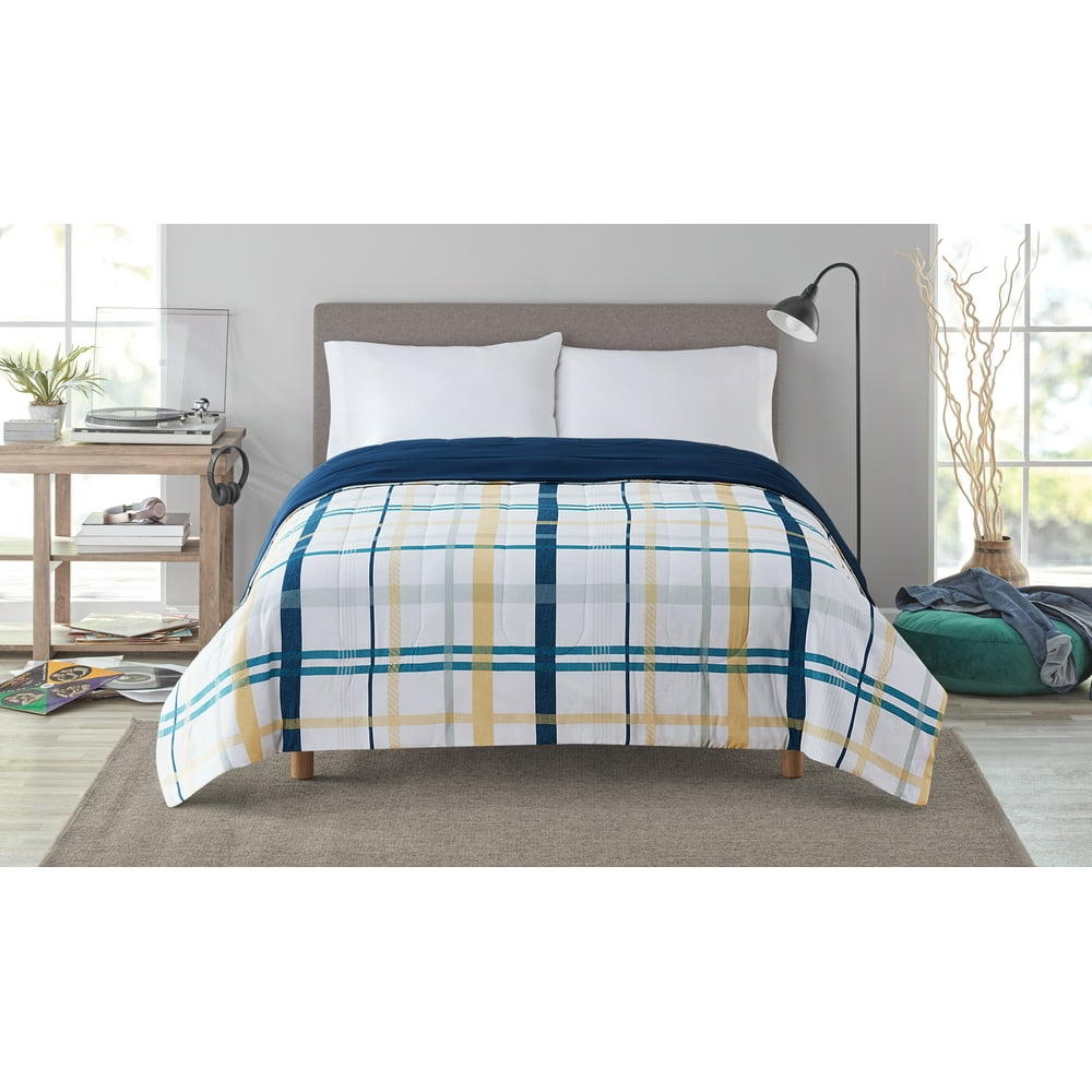 Mainstays 3Piece Essential Bed in a Bag Blue Plaid, Twin/Twin XL with
