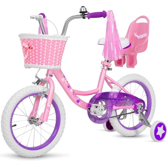 Hykolity 14" Girls Bikes with Basket, Doll Seat, Removable Training Wheel, Adjustable Sanddle
