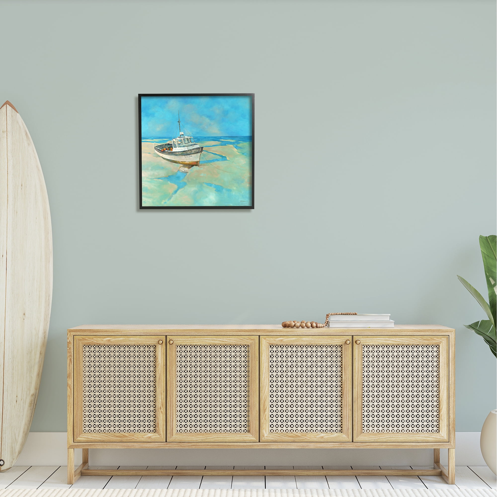 Stupell Docked Boat Low Tide Shore Landscape Painting Black Framed Art Print Wall Art
