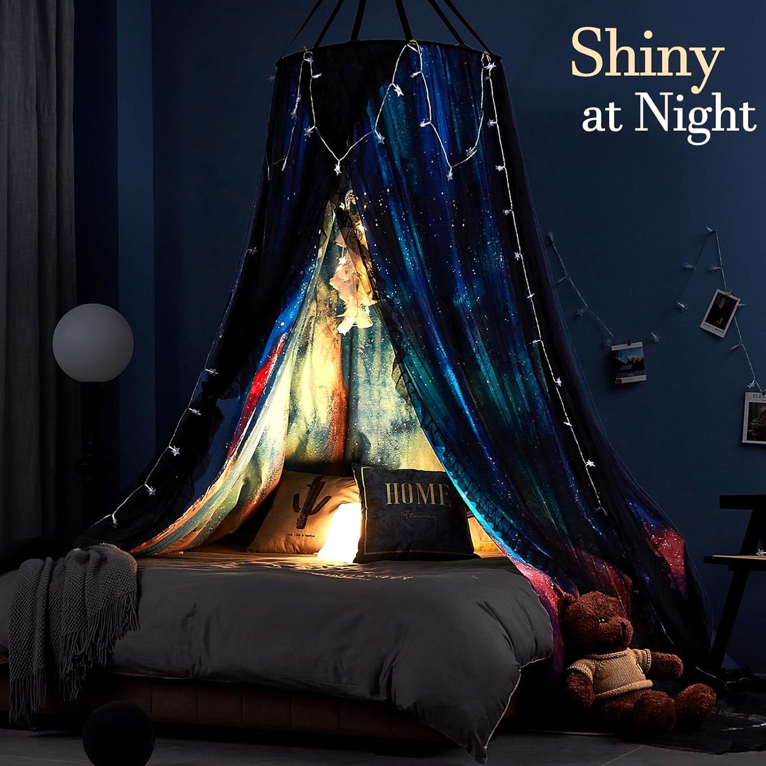 Gorgeous Aurora Printed Bed Canopy for Girls & Adults, Room Decorative Cozy Bed Curtain Canopy Drapes, Round Dome Luxurious Lace Princess Canopies Mosquito Netting (Aurora)