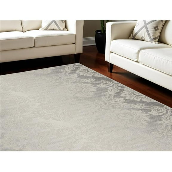 HomeRoots 551369 9 x 12 ft. Damask Distressed Non Skid Rectangle Area Rug, Gray & Ivory