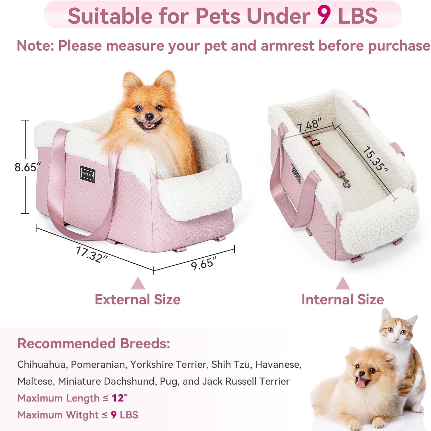 Car  Portable Console Dog  with Safety Hooks for Small Pets  to 9 lbs Pink