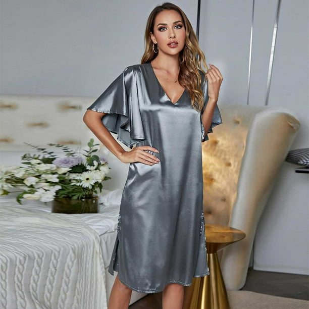 EGNMCR Silk Nightgown for Women Summer Satin Solid Color Short