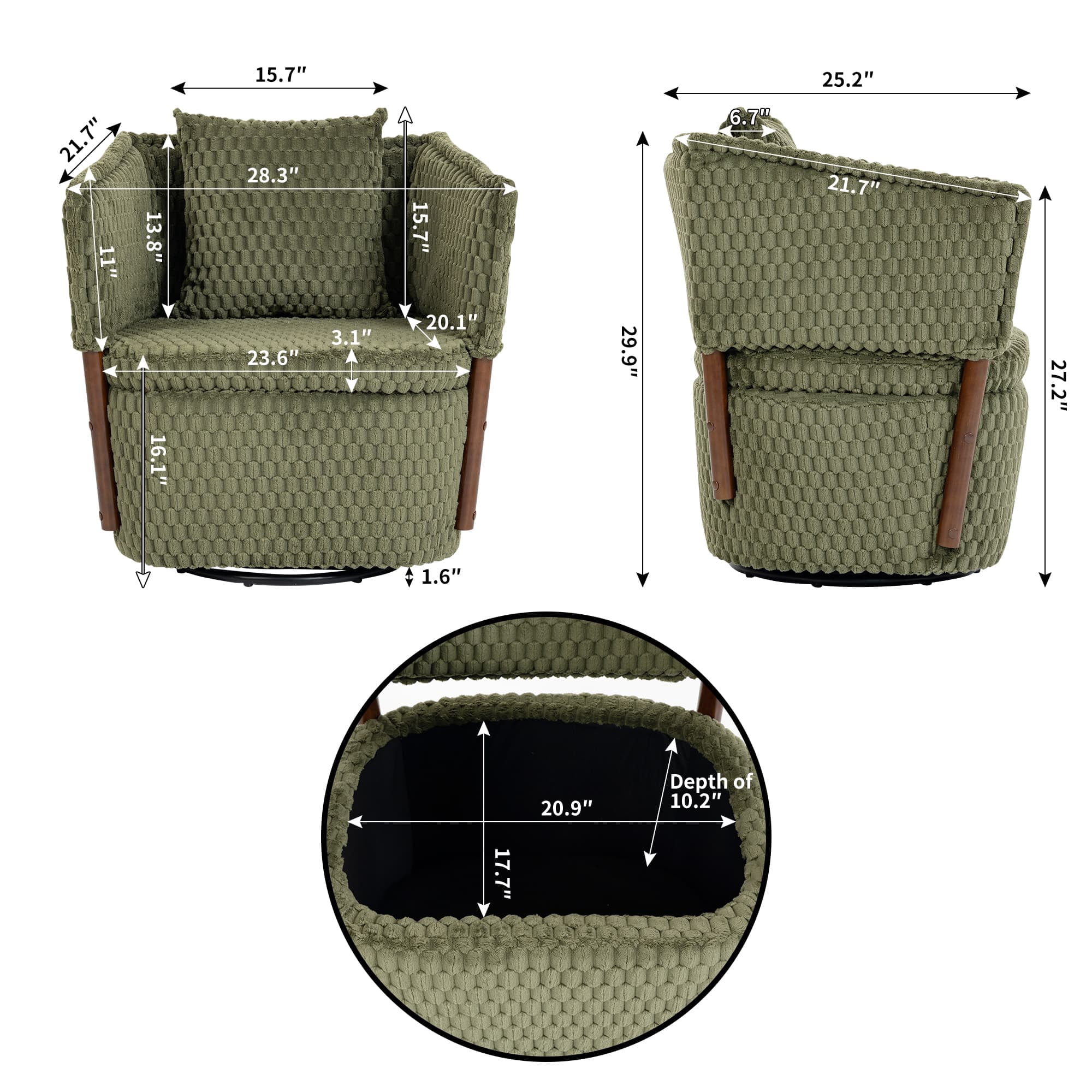 Aukfa Mid Century Modern 360 Swivel Accent Barrel Chair with Lumbar Pillow & Hidden Storage,Corduroy,Olive Green
