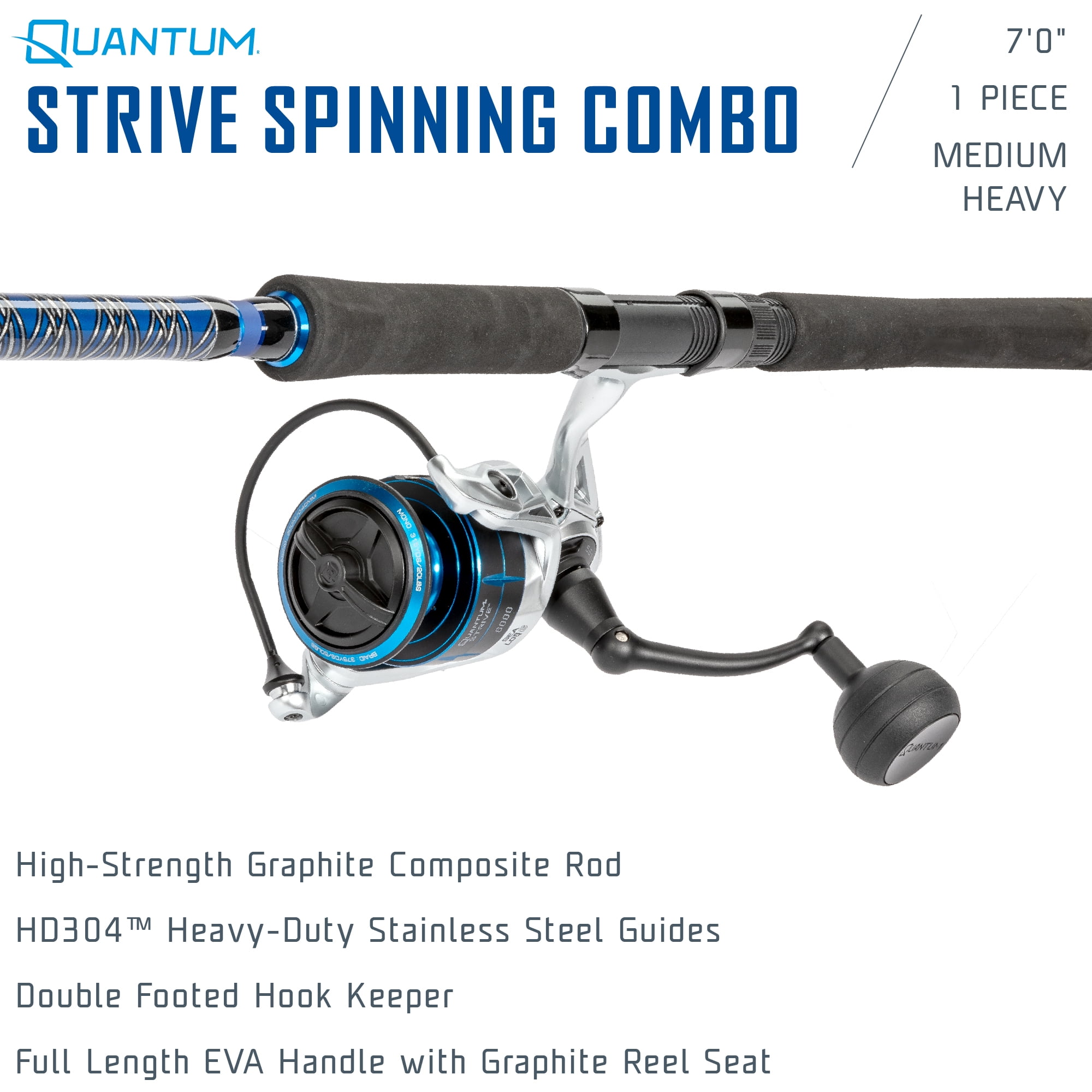 Quantum Strive Spinning Reel & Fishing Rod Combo, 7-Foot, 1-Piece, Medium-Heavy Power, Moderate-Fast Action Rod, Graphite Composite Blank, Size 6000 Reel, 4+1 Bearings, 5.6:1 Gear Ratio, Silver/Blue