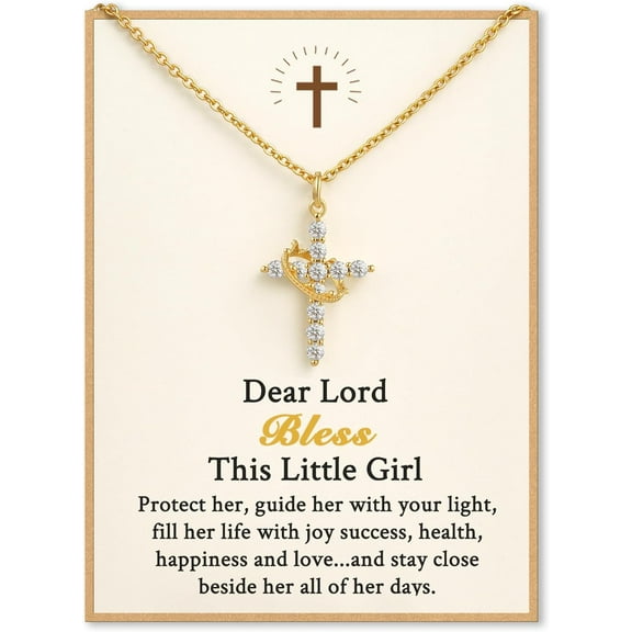 14K Gold Plated Crown Cross Necklace for Woman - Christian Jewelry Gift for Woman First Communion, Baptism, Confirmation