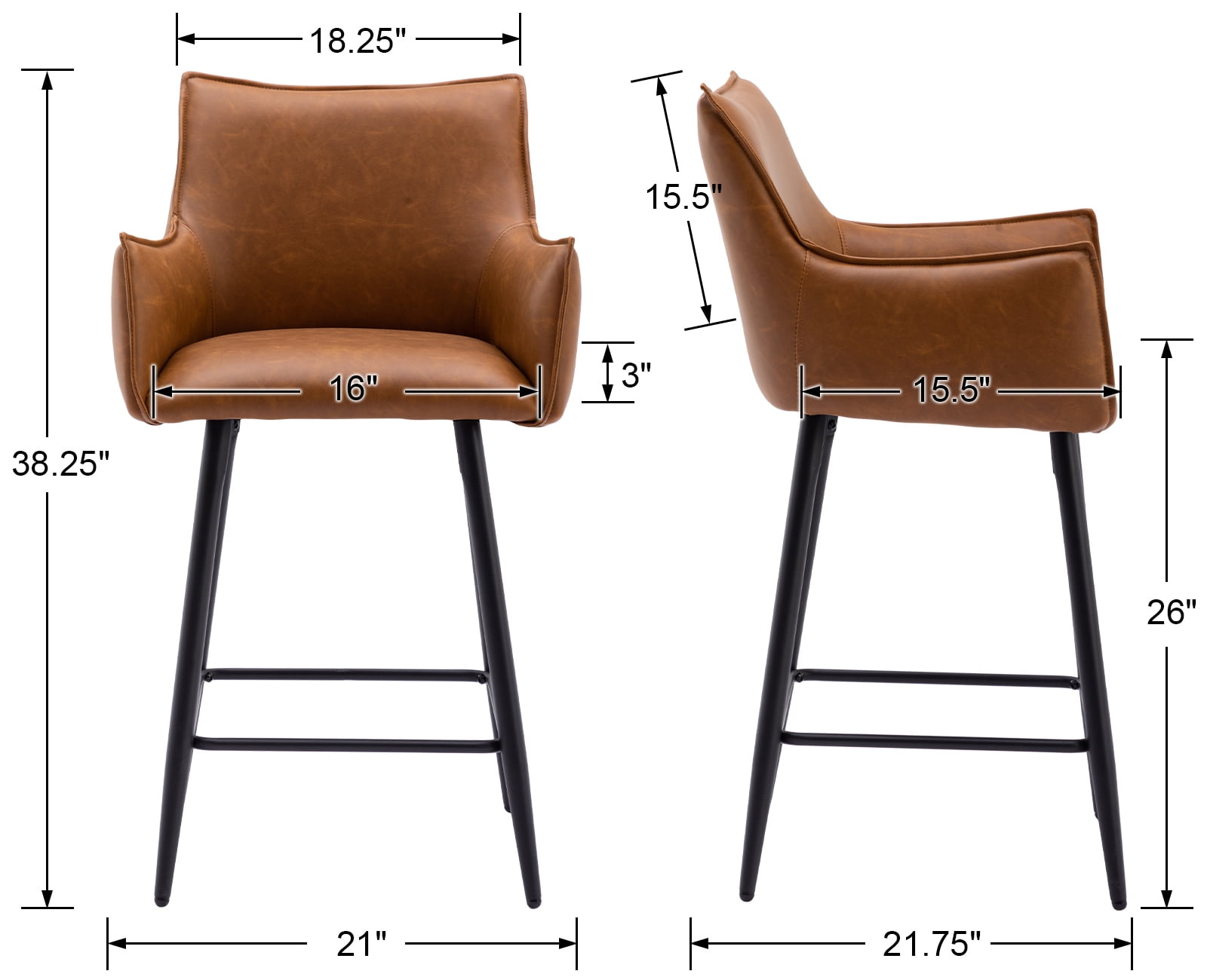 Dayalane 26" Counter Height Bar Stools Set of 2, Modern Faux Leather Upholstered Barstools with Back and Footrest, Kitchen Island Bar Stools with Armrests for Pub Home Bar Dining Room Bistro, Brown