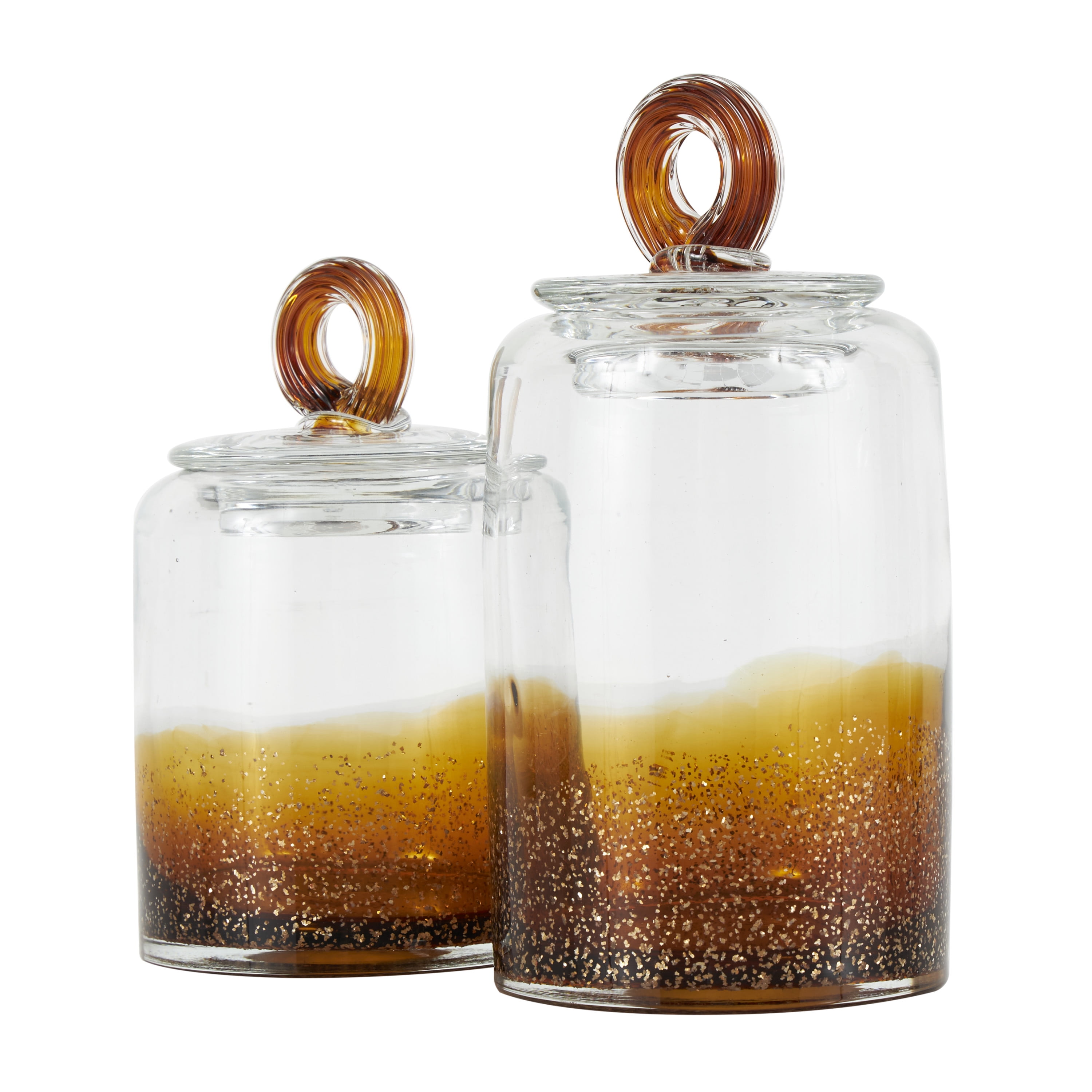DecMode 9", 8"H Brown Glass Handmade Decorative Jars with Gold Flake Details and Ring Lids, 2-Pieces