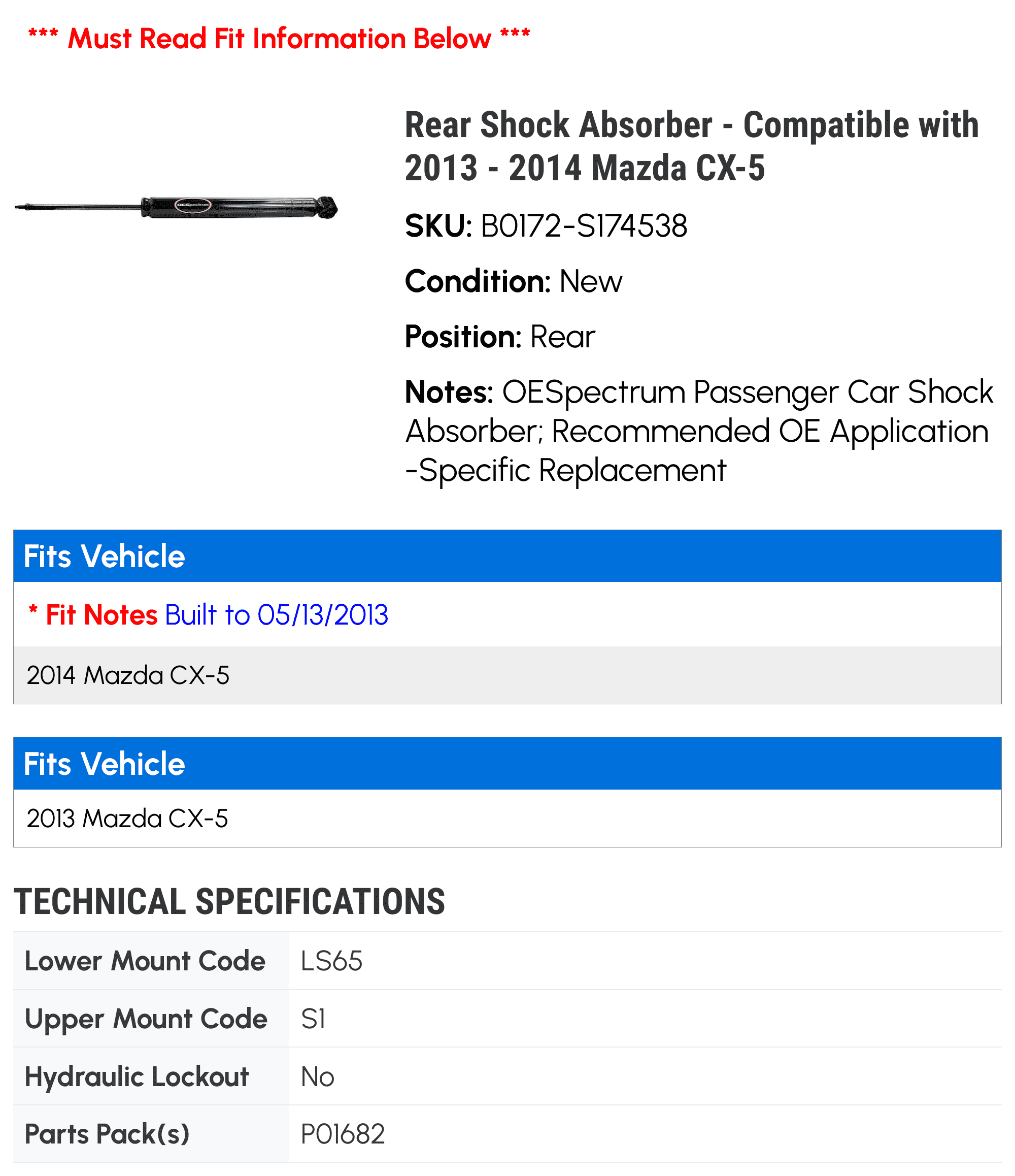 Rear Shock Absorber - Compatible with 2013 - 2014 Mazda CX-5