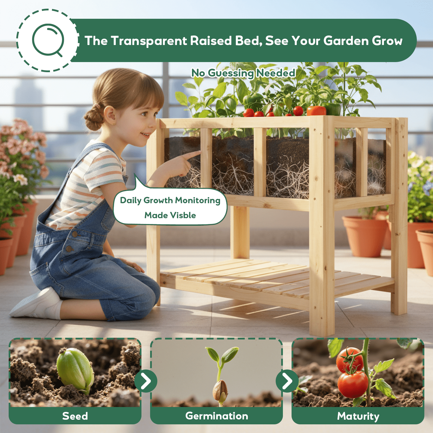 PETSCOSSET Raised Garden Bed with Shelf - Clear Panel - 28.3 x 16.3 x 23.6 in